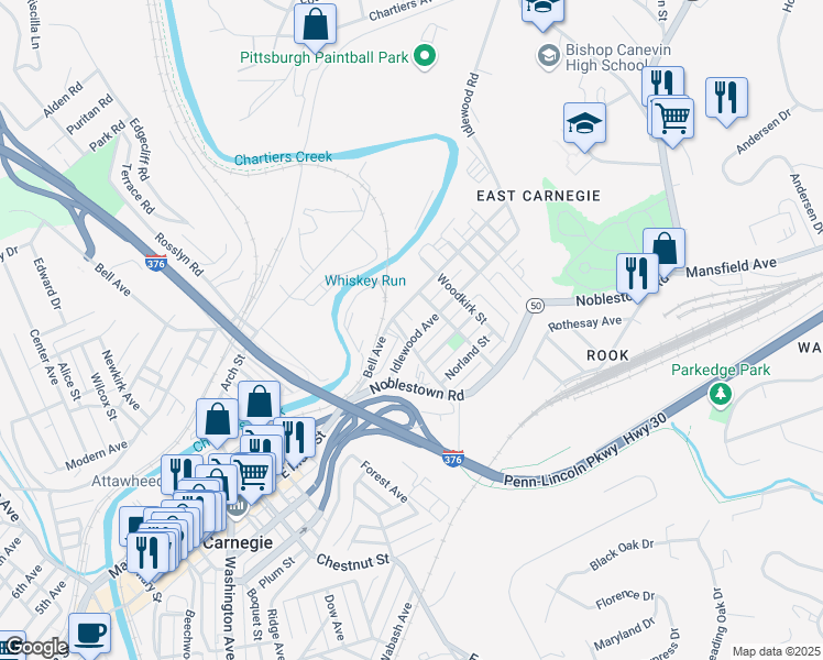 map of restaurants, bars, coffee shops, grocery stores, and more near 715 Doolittle Street in Carnegie
