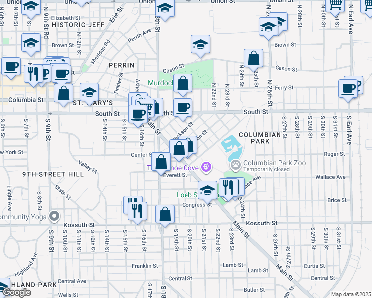 map of restaurants, bars, coffee shops, grocery stores, and more near 1825 Main Street in Lafayette