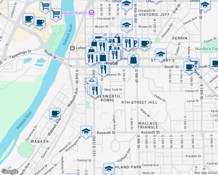 map of restaurants, bars, coffee shops, grocery stores, and more near in Lafayette