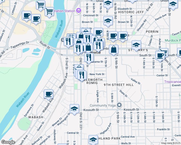 map of restaurants, bars, coffee shops, grocery stores, and more near 304 South 5th Street in Lafayette