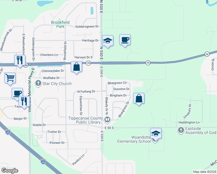 map of restaurants, bars, coffee shops, grocery stores, and more near 5583 Dunston Drive in Lafayette