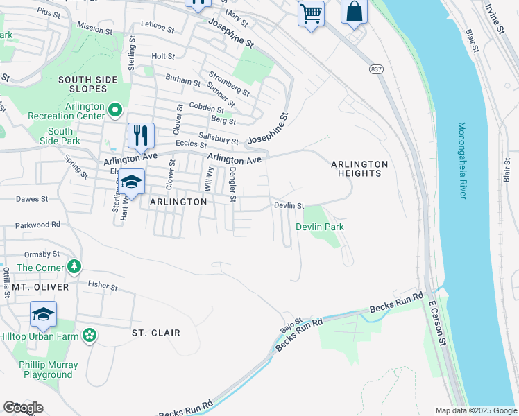 map of restaurants, bars, coffee shops, grocery stores, and more near 2922 Devlin Street in Pittsburgh