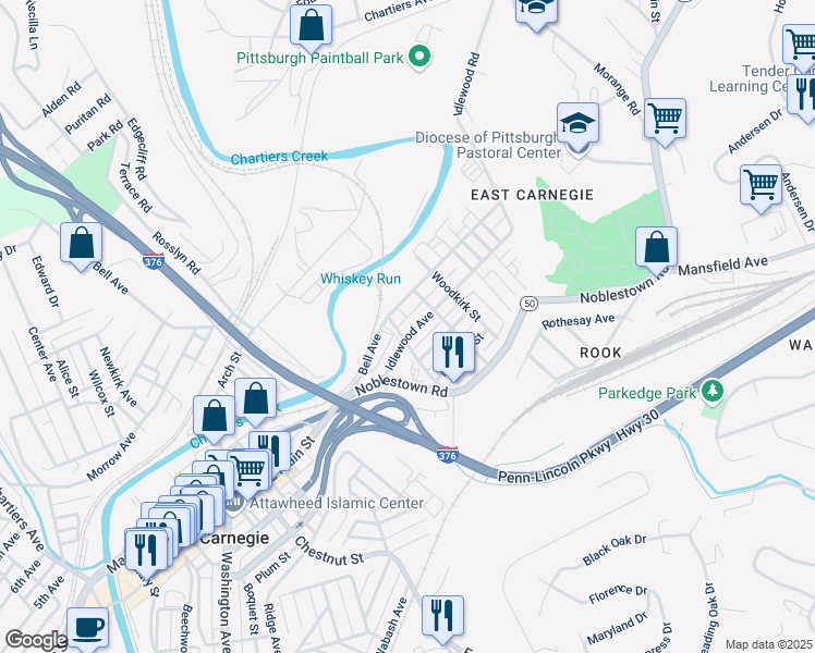 map of restaurants, bars, coffee shops, grocery stores, and more near 715 Doolittle Street in Carnegie