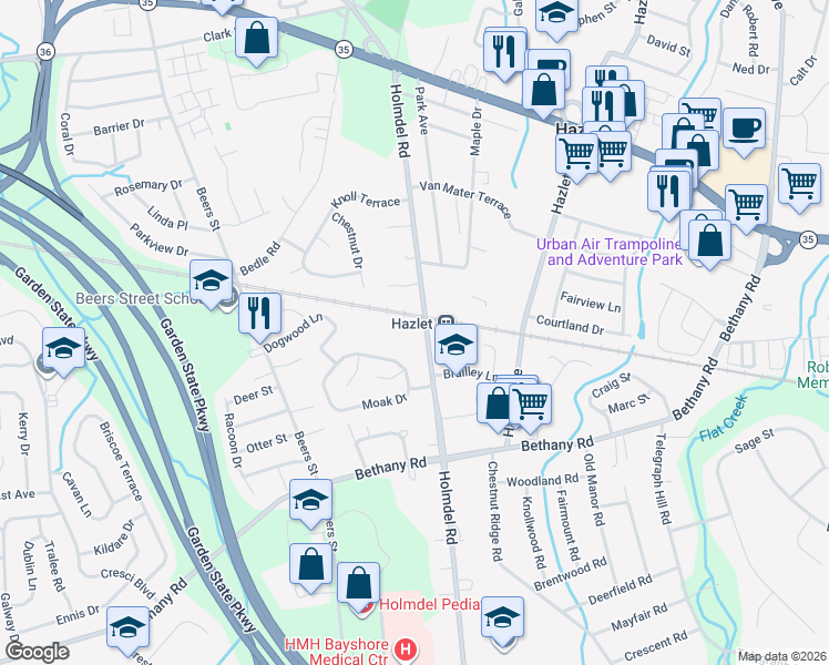 map of restaurants, bars, coffee shops, grocery stores, and more near 654 Holmdel Road in Hazlet