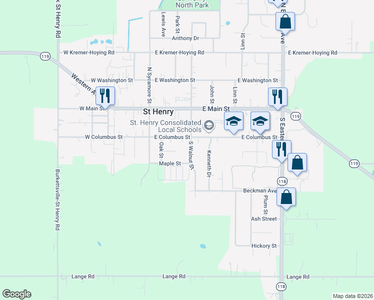 map of restaurants, bars, coffee shops, grocery stores, and more near 281 Maple Street in Saint Henry