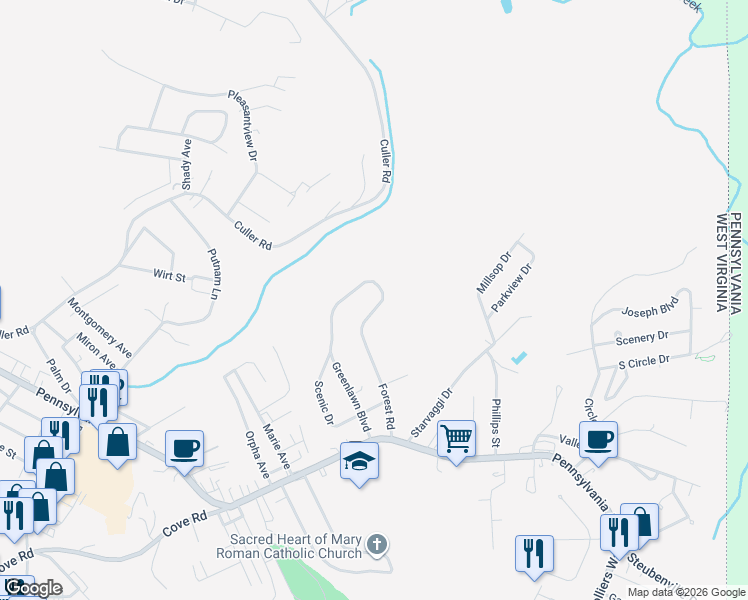 map of restaurants, bars, coffee shops, grocery stores, and more near 163 Forest Road in Weirton