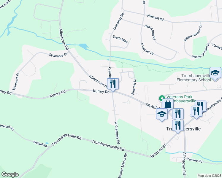 map of restaurants, bars, coffee shops, grocery stores, and more near 1625 Creamery Road in Quakertown