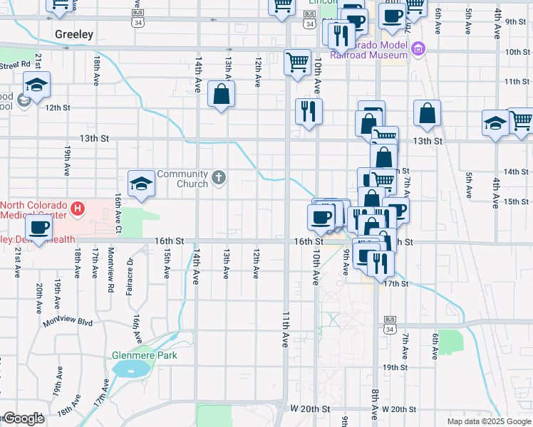 map of restaurants, bars, coffee shops, grocery stores, and more near 1512 12th Avenue in Greeley