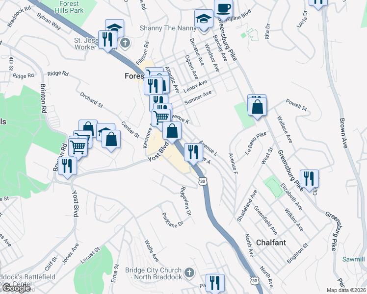 map of restaurants, bars, coffee shops, grocery stores, and more near 16 Ardmore Boulevard in Pittsburgh