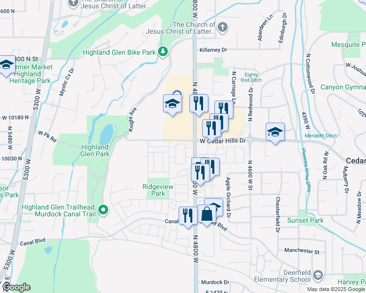 map of restaurants, bars, coffee shops, grocery stores, and more near 10087 Torreya Dr in Highland