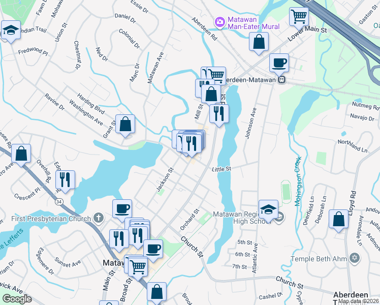 map of restaurants, bars, coffee shops, grocery stores, and more near 140 Main Street in Matawan