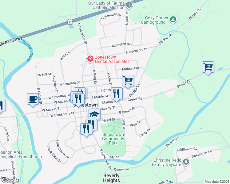 map of restaurants, bars, coffee shops, grocery stores, and more near 157 East Market Street in Palmyra
