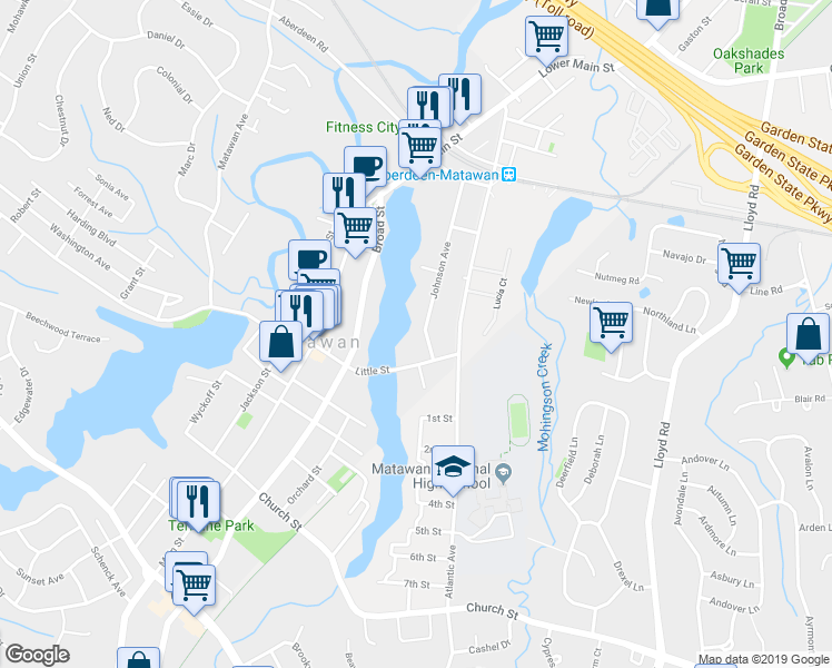 map of restaurants, bars, coffee shops, grocery stores, and more near 60 Johnson Avenue in Matawan