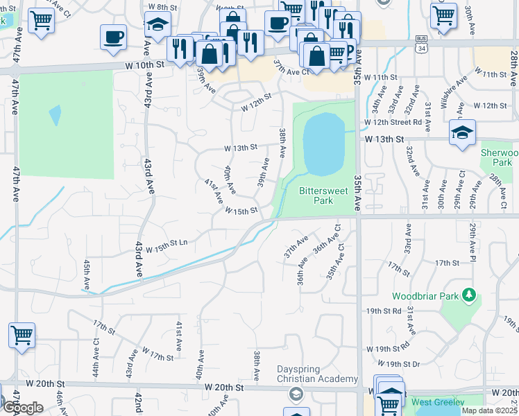 map of restaurants, bars, coffee shops, grocery stores, and more near 38th Avenue in Greeley