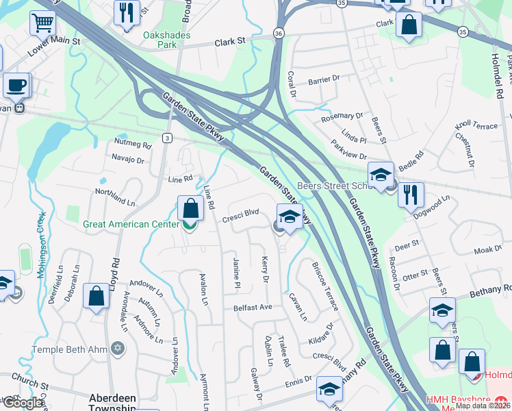 map of restaurants, bars, coffee shops, grocery stores, and more near 20 Cresci Boulevard in Hazlet