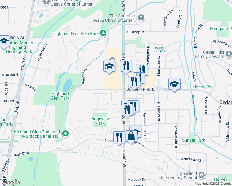map of restaurants, bars, coffee shops, grocery stores, and more near 10022 North 4800 West in Highland