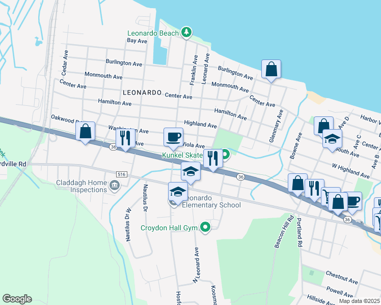 map of restaurants, bars, coffee shops, grocery stores, and more near 20 Vanderbilt Avenue in Leonardo