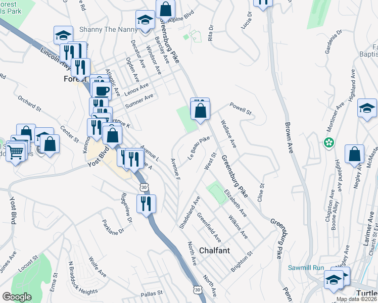 map of restaurants, bars, coffee shops, grocery stores, and more near 137 Le Grande Drive in Pittsburgh