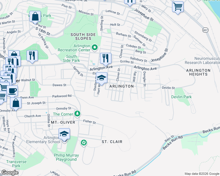 map of restaurants, bars, coffee shops, grocery stores, and more near 307 Rothman Street in Pittsburgh