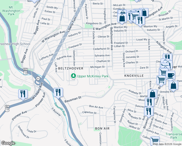 map of restaurants, bars, coffee shops, grocery stores, and more near 845 Eldora Place in Pittsburgh