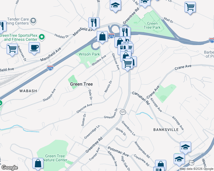 map of restaurants, bars, coffee shops, grocery stores, and more near 1054 Norsis Drive in Pittsburgh