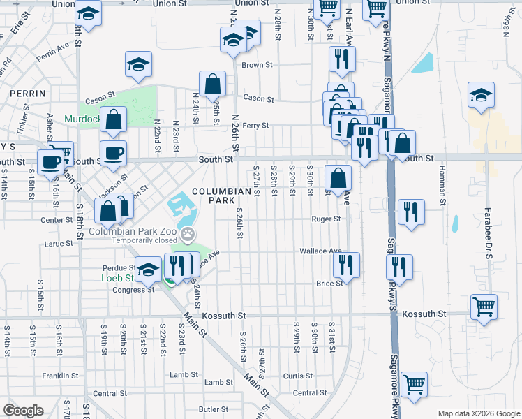 map of restaurants, bars, coffee shops, grocery stores, and more near 304 South 27th Street in Lafayette