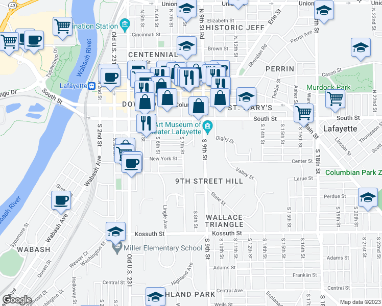 map of restaurants, bars, coffee shops, grocery stores, and more near 213 South 7th Street in Lafayette