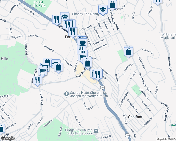 map of restaurants, bars, coffee shops, grocery stores, and more near 23 Yost Boulevard in Pittsburgh