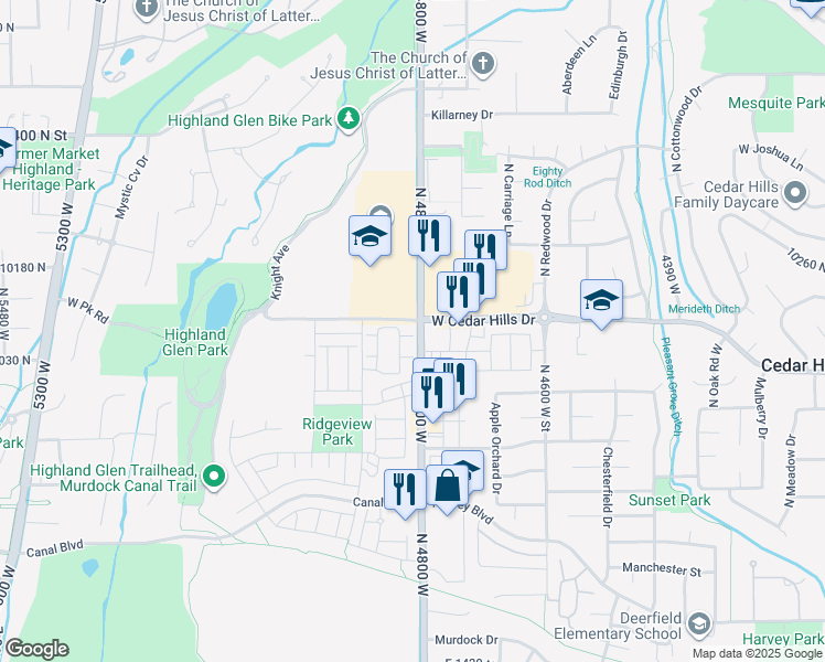 map of restaurants, bars, coffee shops, grocery stores, and more near 4812 Pocosin Ct in Highland