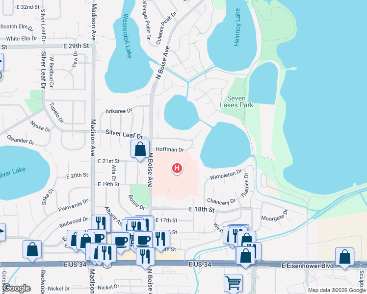 map of restaurants, bars, coffee shops, grocery stores, and more near 1900 North Boise Avenue in Loveland