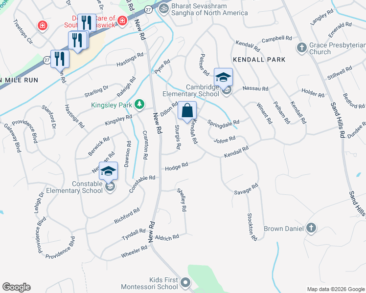 map of restaurants, bars, coffee shops, grocery stores, and more near 28 Sturgis Road in South Brunswick Township