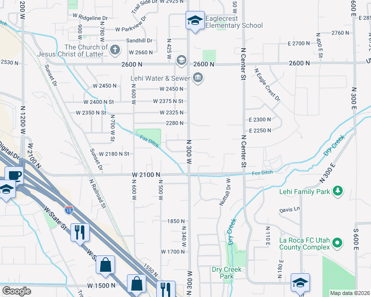 map of restaurants, bars, coffee shops, grocery stores, and more near 370 West 2150 North Street in Lehi