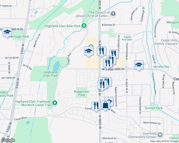 map of restaurants, bars, coffee shops, grocery stores, and more near 4876 Coulter Ct in Highland