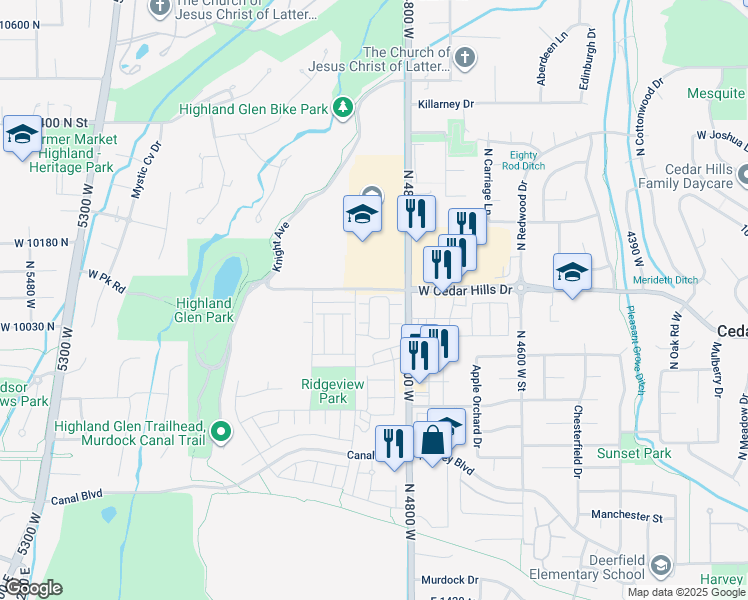 map of restaurants, bars, coffee shops, grocery stores, and more near 10088 Loblobby Lane in Highland