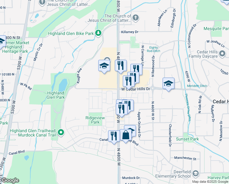 map of restaurants, bars, coffee shops, grocery stores, and more near 4822 Pocosin Ct in Highland