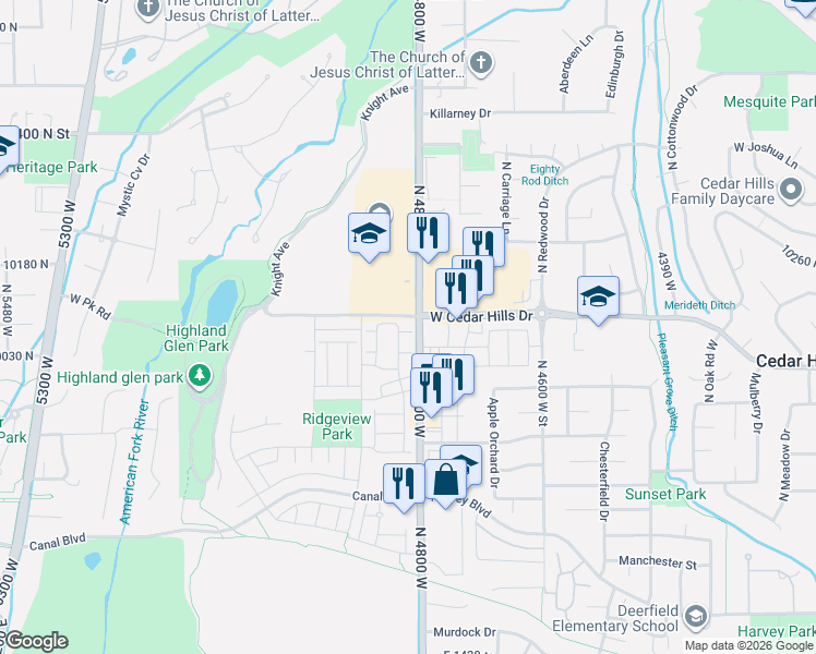 map of restaurants, bars, coffee shops, grocery stores, and more near 4816 Pocosin Ct in Highland