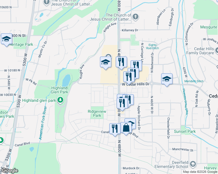 map of restaurants, bars, coffee shops, grocery stores, and more near 10088 Loblobby Lane in Highland