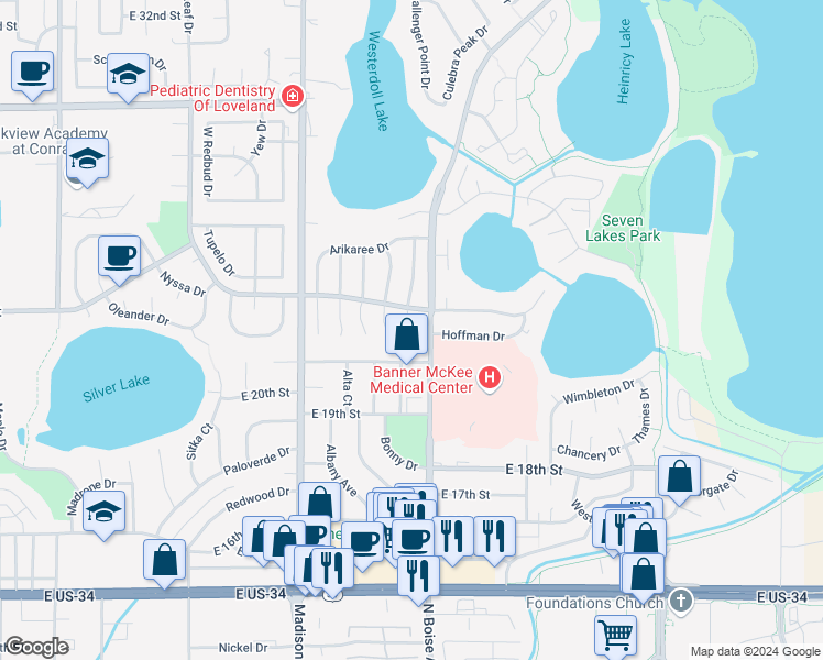 map of restaurants, bars, coffee shops, grocery stores, and more near 2240 Bismarck Court in Loveland