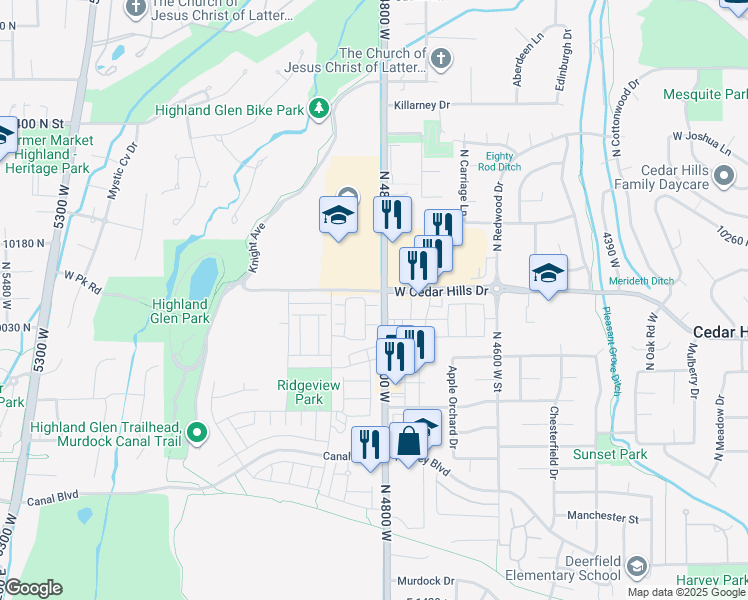 map of restaurants, bars, coffee shops, grocery stores, and more near 4816 Pocosin Ct in Highland