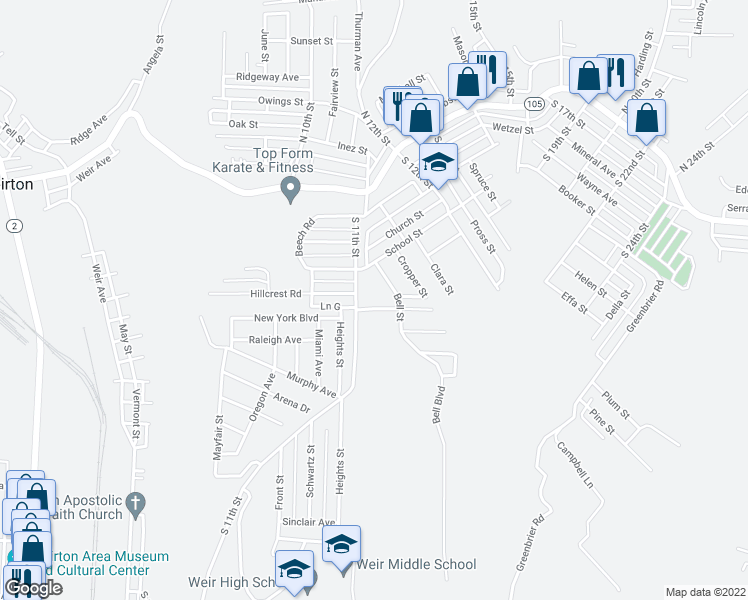 map of restaurants, bars, coffee shops, grocery stores, and more near 213 Concord Court in Weirton
