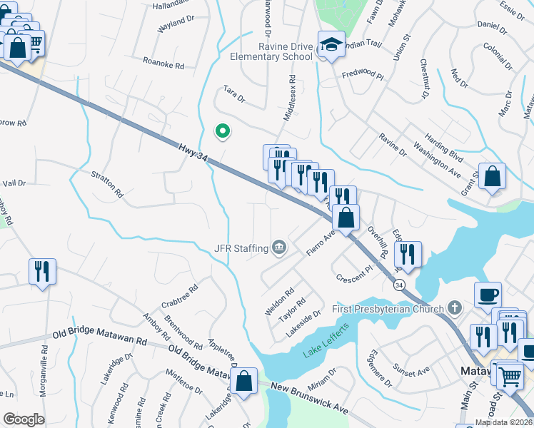 map of restaurants, bars, coffee shops, grocery stores, and more near 102 Lexington Circle in Matawan