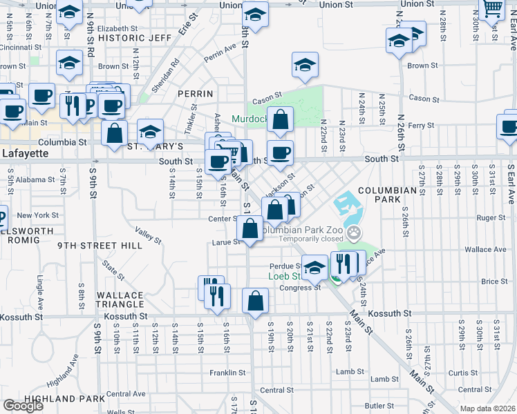 map of restaurants, bars, coffee shops, grocery stores, and more near 307 South 18th Street in Lafayette