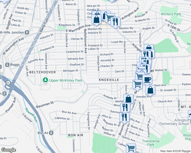 map of restaurants, bars, coffee shops, grocery stores, and more near 339 Bausman Street in Pittsburgh