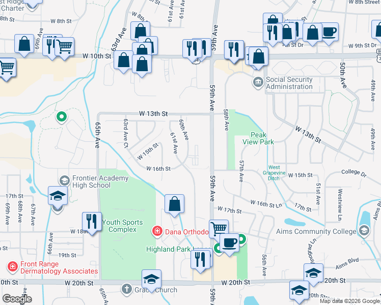 map of restaurants, bars, coffee shops, grocery stores, and more near 1512 16th Street in Greeley