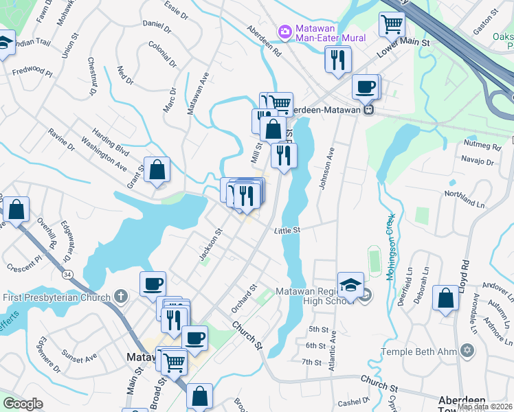 map of restaurants, bars, coffee shops, grocery stores, and more near in Matawan