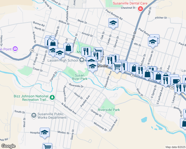 map of restaurants, bars, coffee shops, grocery stores, and more near 1324 Cornell Street in Susanville
