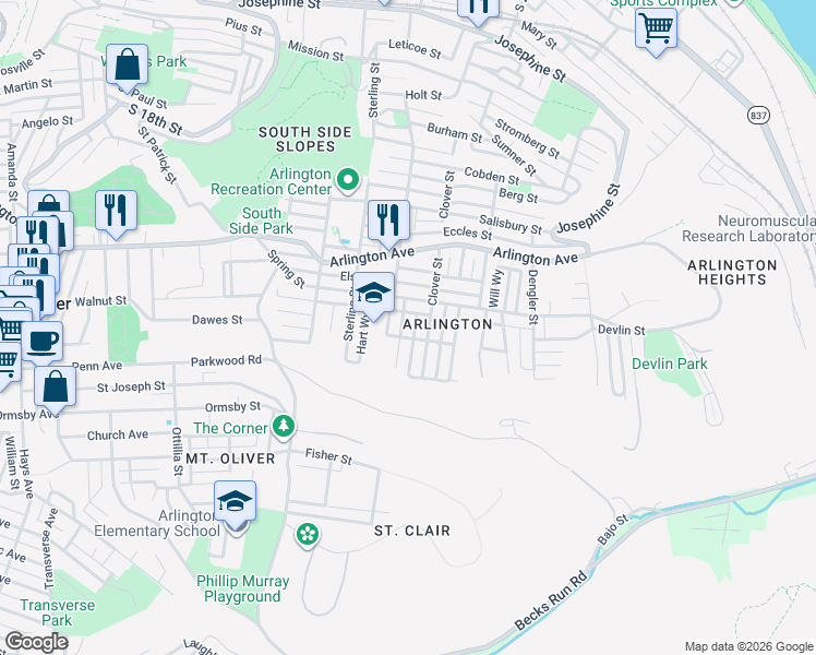 map of restaurants, bars, coffee shops, grocery stores, and more near 307 Rothman Street in Pittsburgh