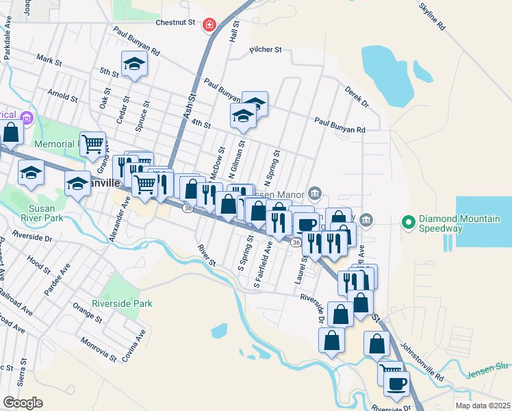 map of restaurants, bars, coffee shops, grocery stores, and more near 2101 Main Street in Susanville
