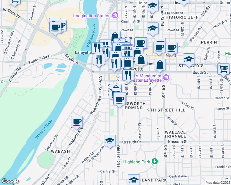 map of restaurants, bars, coffee shops, grocery stores, and more near 159 South 3rd Street in Lafayette
