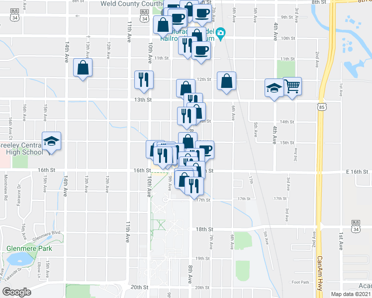 map of restaurants, bars, coffee shops, grocery stores, and more near 1535 U.S. 85 Business in Greeley